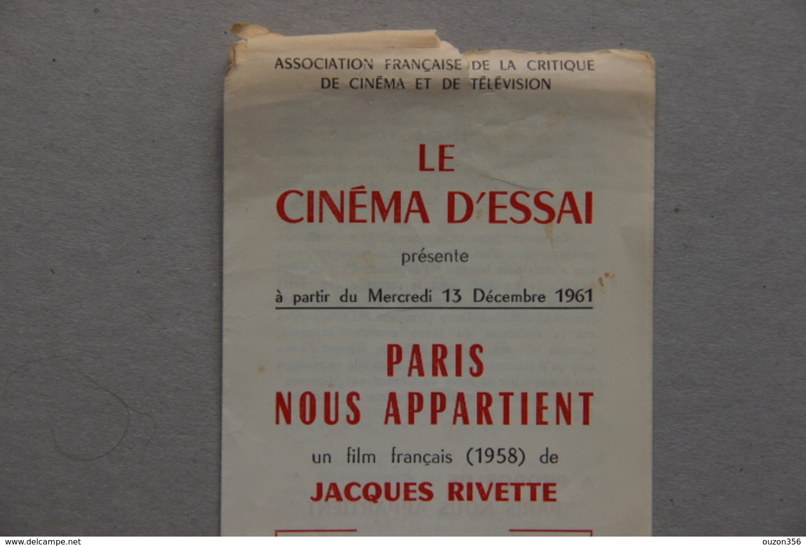 Ass.Française De La Critique De Cinéma Et De Télévision : Paris Nous Appartient, Film De Jacques Rivette (1961) - Collections