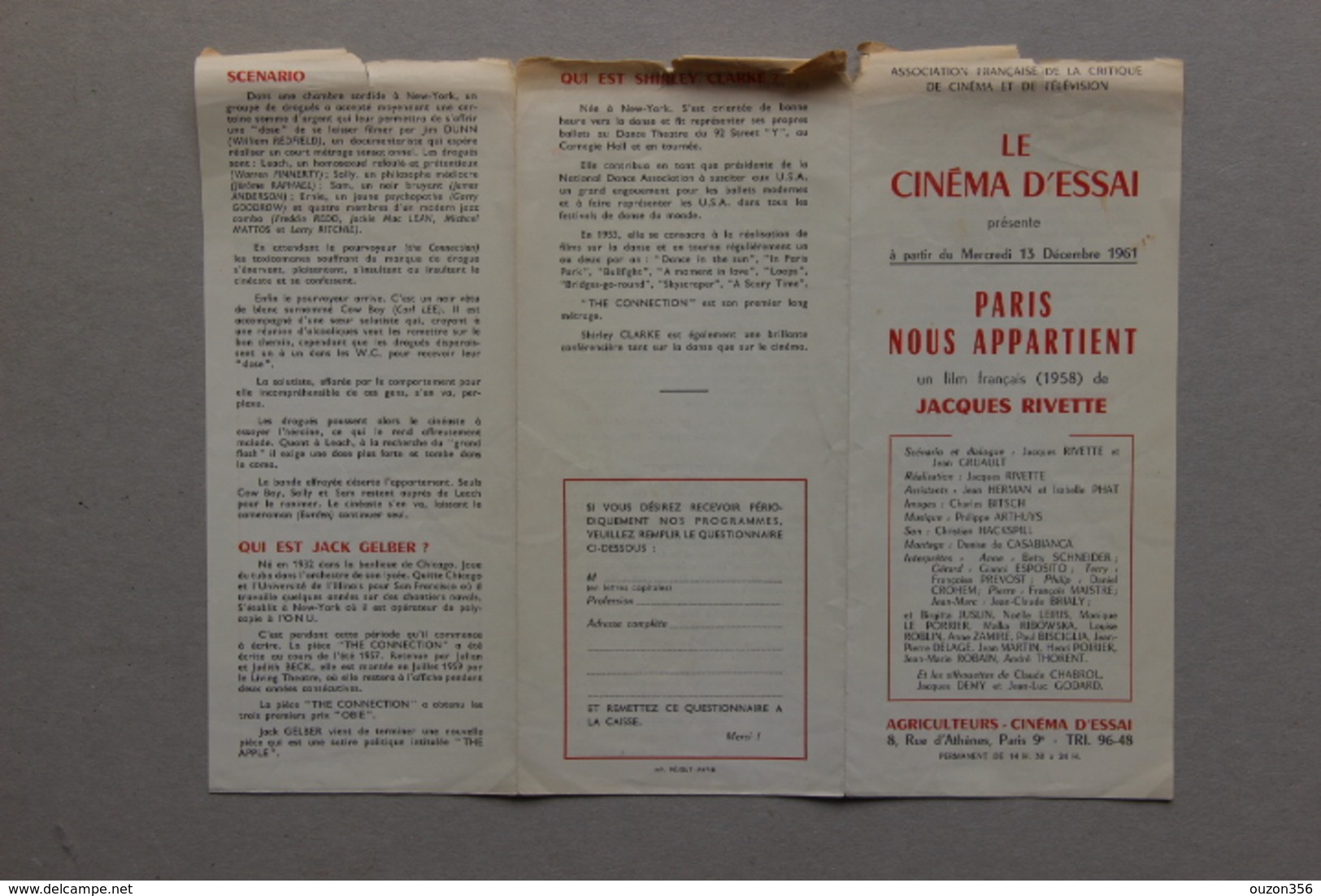 Ass.Française De La Critique De Cinéma Et De Télévision : Paris Nous Appartient, Film De Jacques Rivette (1961) - Collections