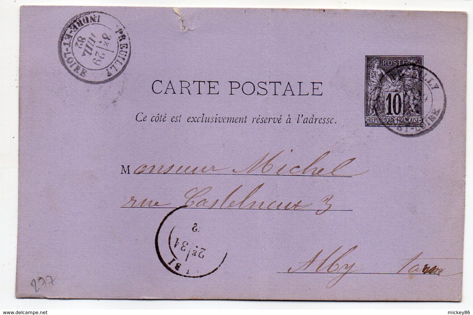 1882--entier Carte Postale  SAGE  10c Noir- Cachets PREUILLY -Indre Et Loire --ALBI - Tarn - Cartes Postales Types Et TSC (avant 1995)