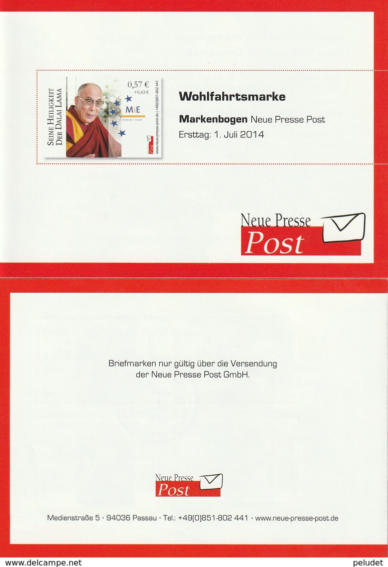 Carnet Booklet - Dalai Lama - Neue Presse Post - 2014 - Private & Local Mails