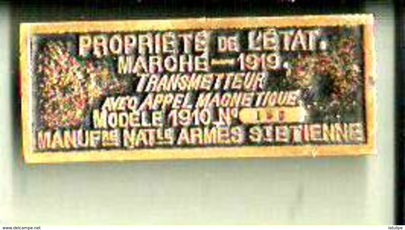 Plaque Laiton De Transmetteur Avec Appel Telephonique Modele 1910 De Manufacture Nationale Armes De St Etenne 42 - Autres Appareils