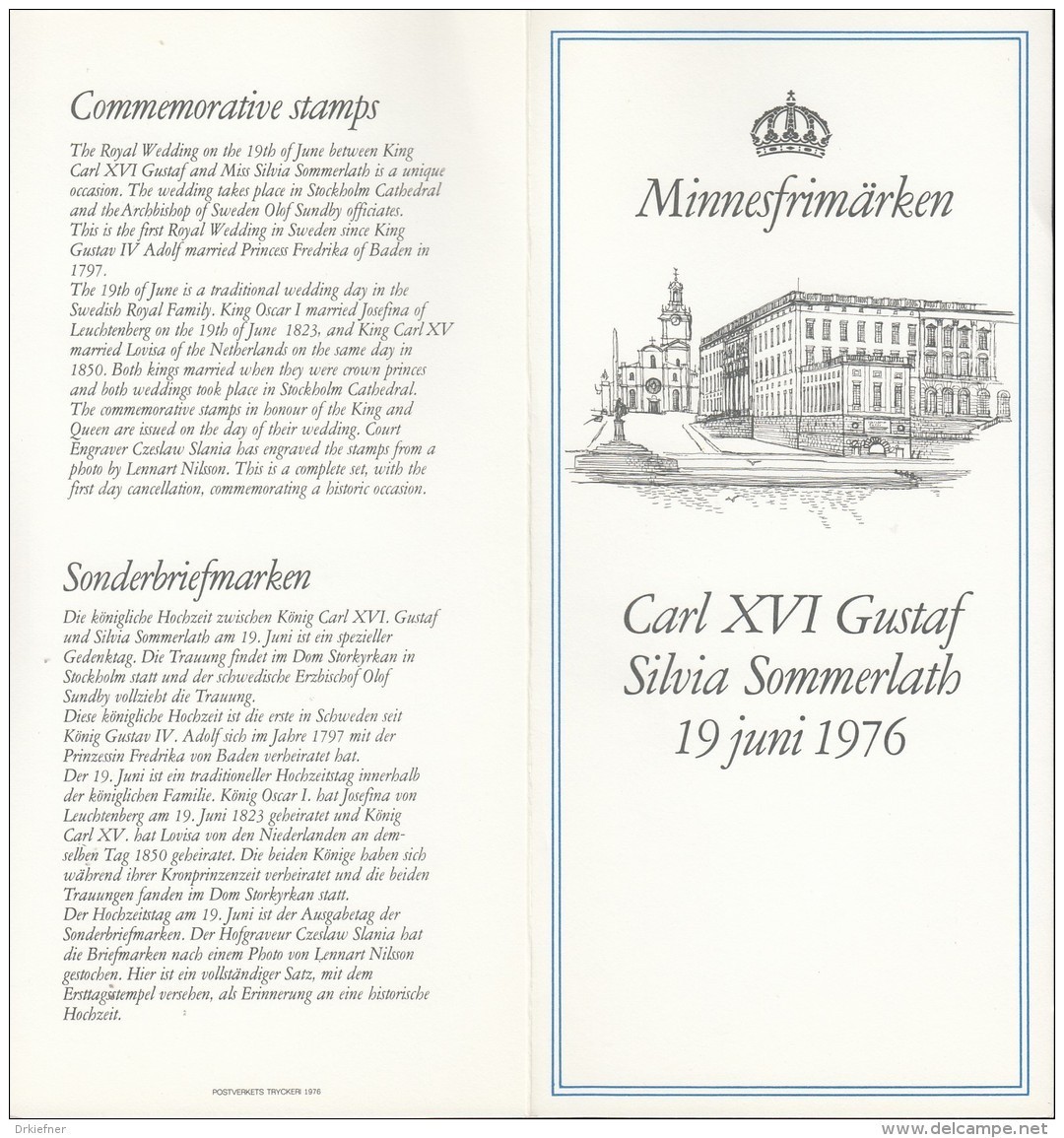 SCHWEDEN 952 A Dl Dr, 953 Auf Sonderblatt, Königliche Hochzeit 1976 - Briefe U. Dokumente