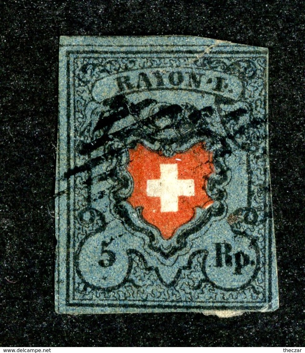 W6840  Swiss 1850  Scott #7 (o) SCV $450. -  3 Margins  Average - Offers Welcome - 1843-1852 Kantonalmarken Und Bundesmarken
