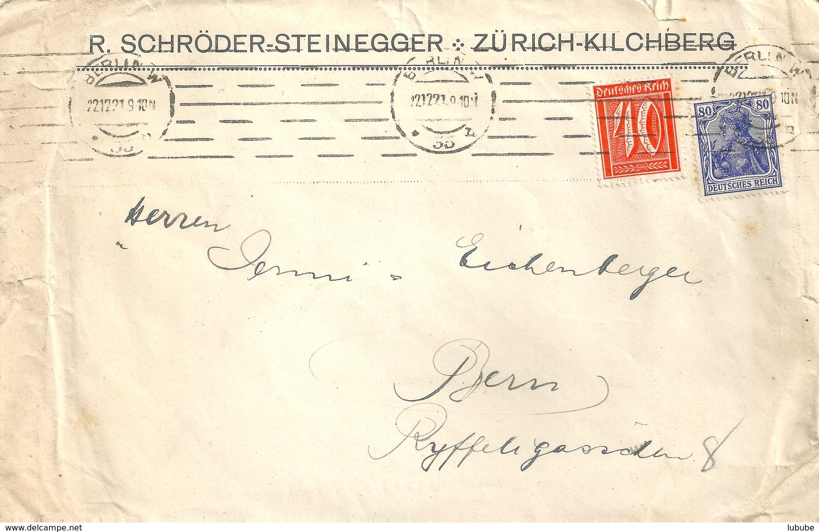 Motiv Brief  "Schröder,Steinegger, Zürich Kilchberg" Berlin - Bern             1921 - Lettres & Documents