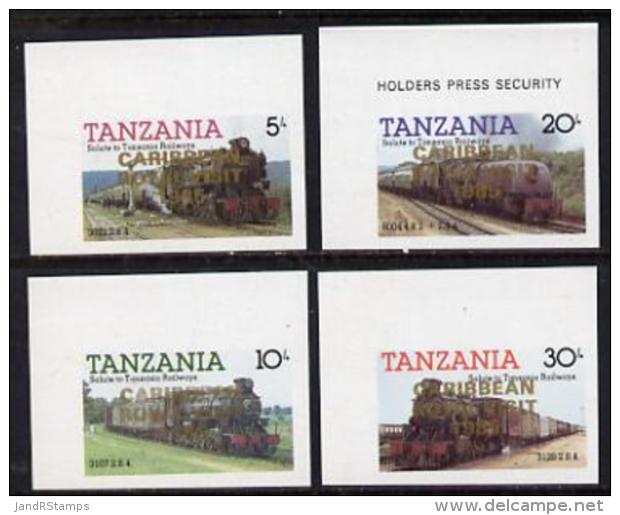 1920 Tanzania 1985 Locomotives Imperf Proof Set Of 4 Each With 'Caribbean Royal Visit 1985' Opt In Gold (unissued) Unmou - Royalties, Royals