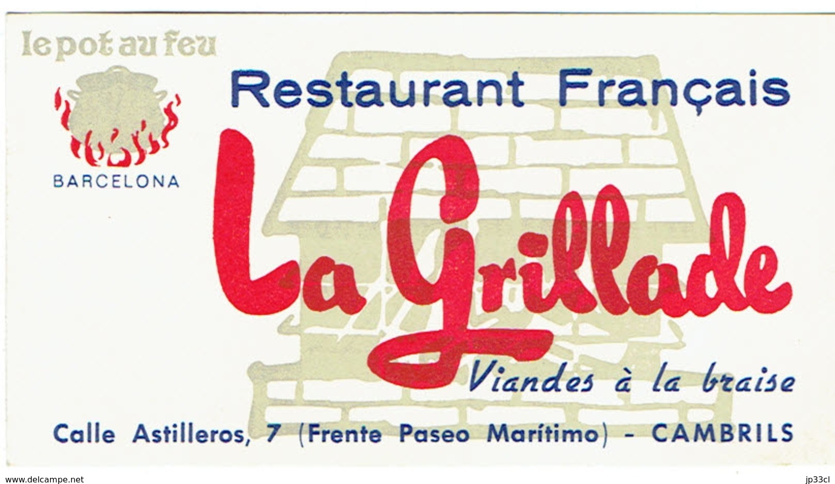 Carte De Visite Restaurant Français La Grillade, Calle Astilleros, Cambrils (années 1970) - Cartes De Visite