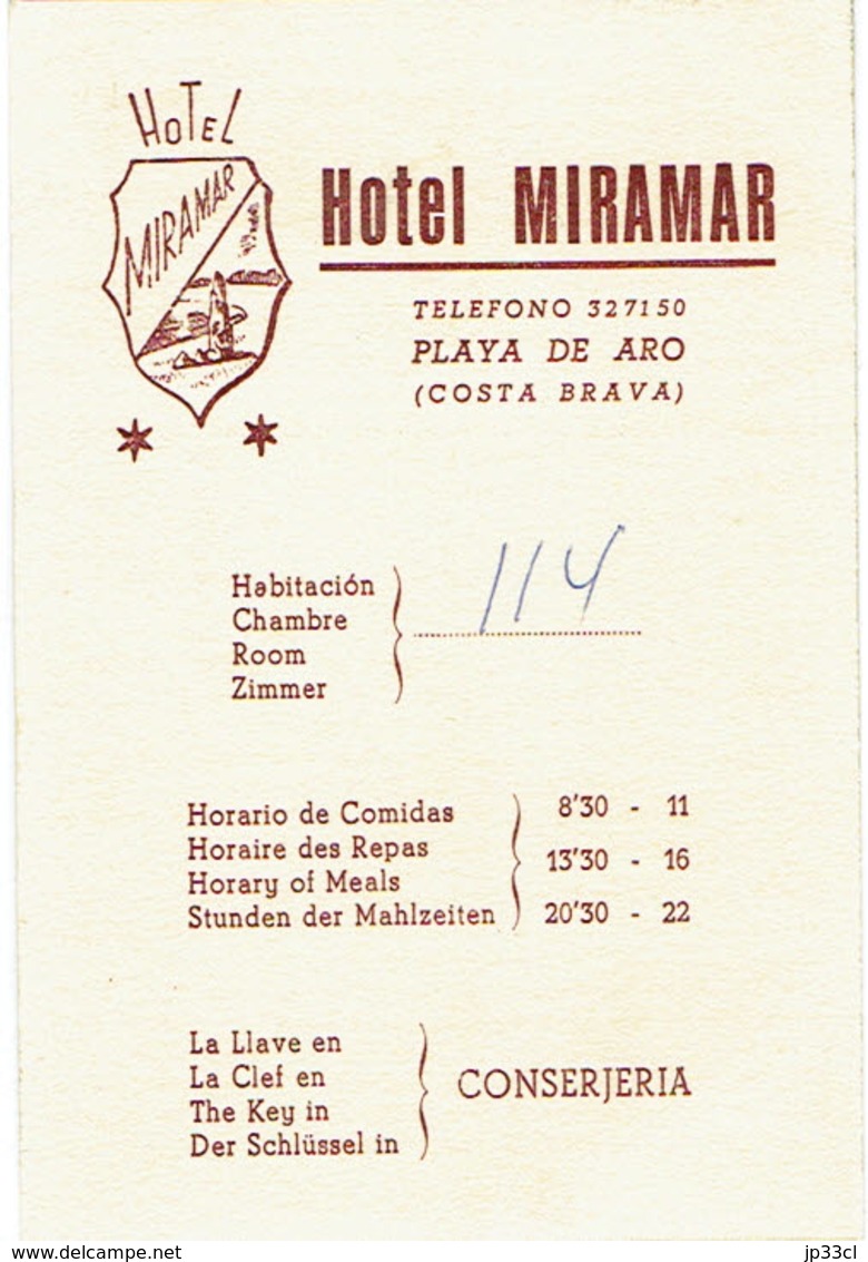 Carte De L'Hôtel Miramar, Playa De Aro, Costa Brava, Espagne (années 1970) - Visitekaartjes