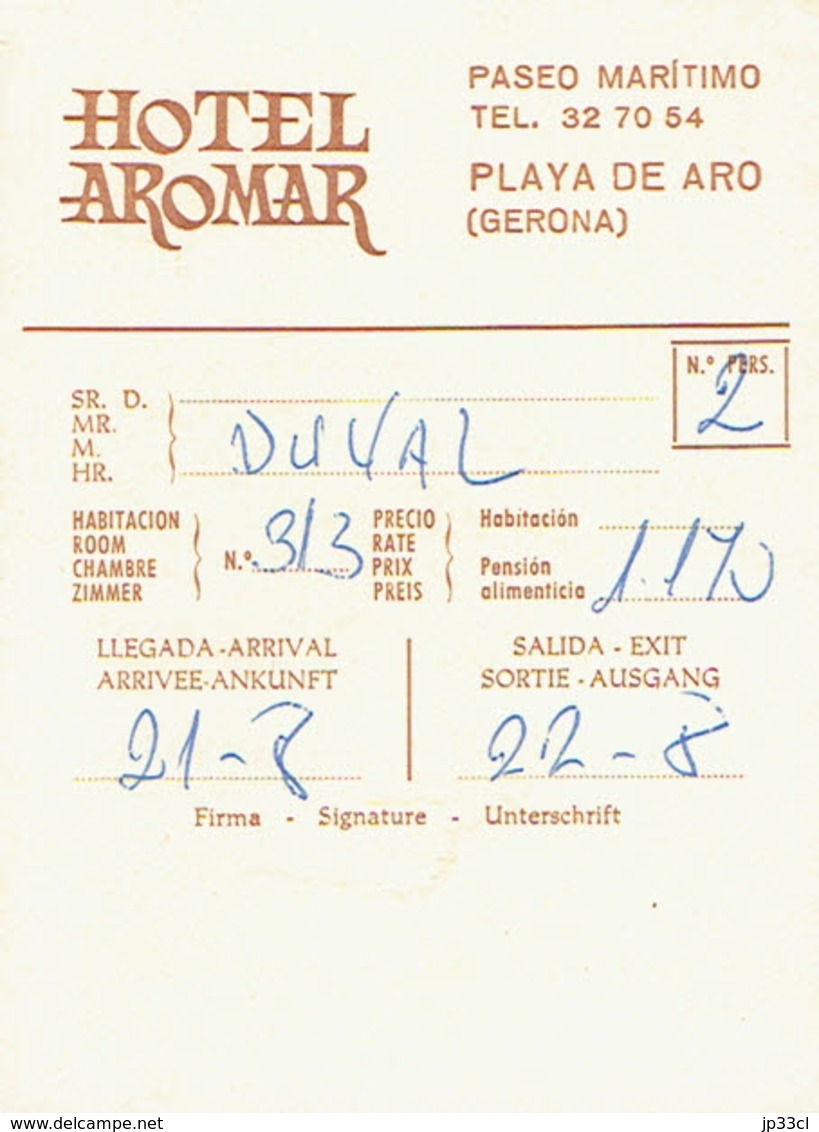 Carte De L'Hôtel Aromar, Paseo Maritimo, Playa De Aro, Costa Brava, Espagne (années 1970) - Visitenkarten