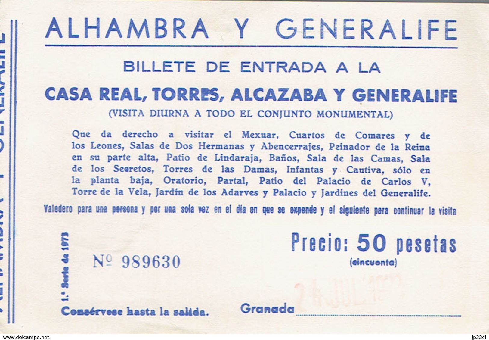 Ancien Ticket D'entrée Alhambra Y Generalife, Granada (Grenade) (années 1970) - Tickets D'entrée