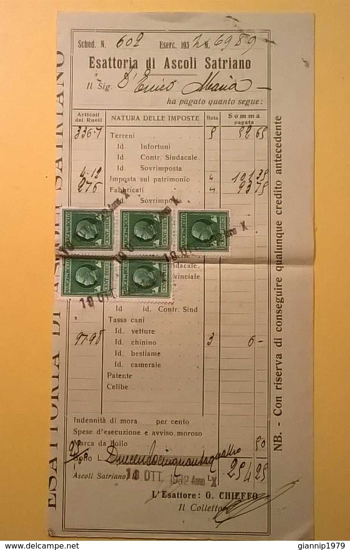 1932 RICEVUTA ESATTORIA PAGAMENTO TASSE MARCA DA BOLLO CENT DIECI VITTORIO EMANUELE - Italia