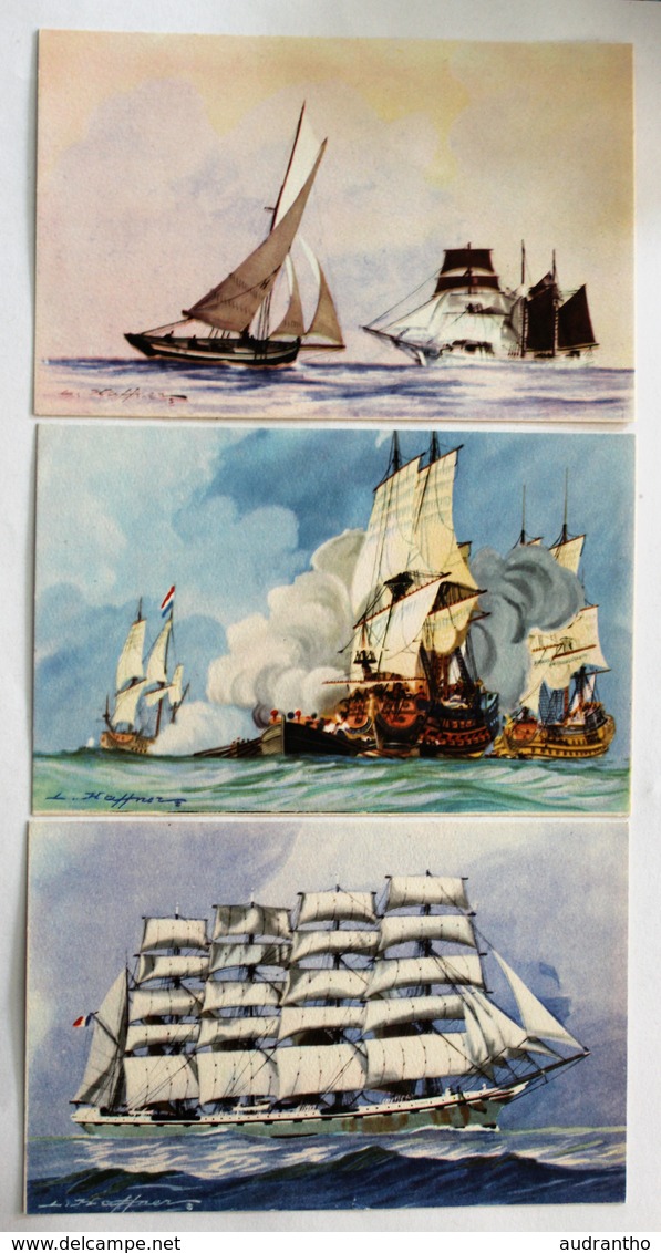 3 CPA Bateaux Voilier Goélette 5 Mats Béveziers Illustrateur Léon Haffner Peintre Marine Ligue Maritime Et Coloniale - Veleros