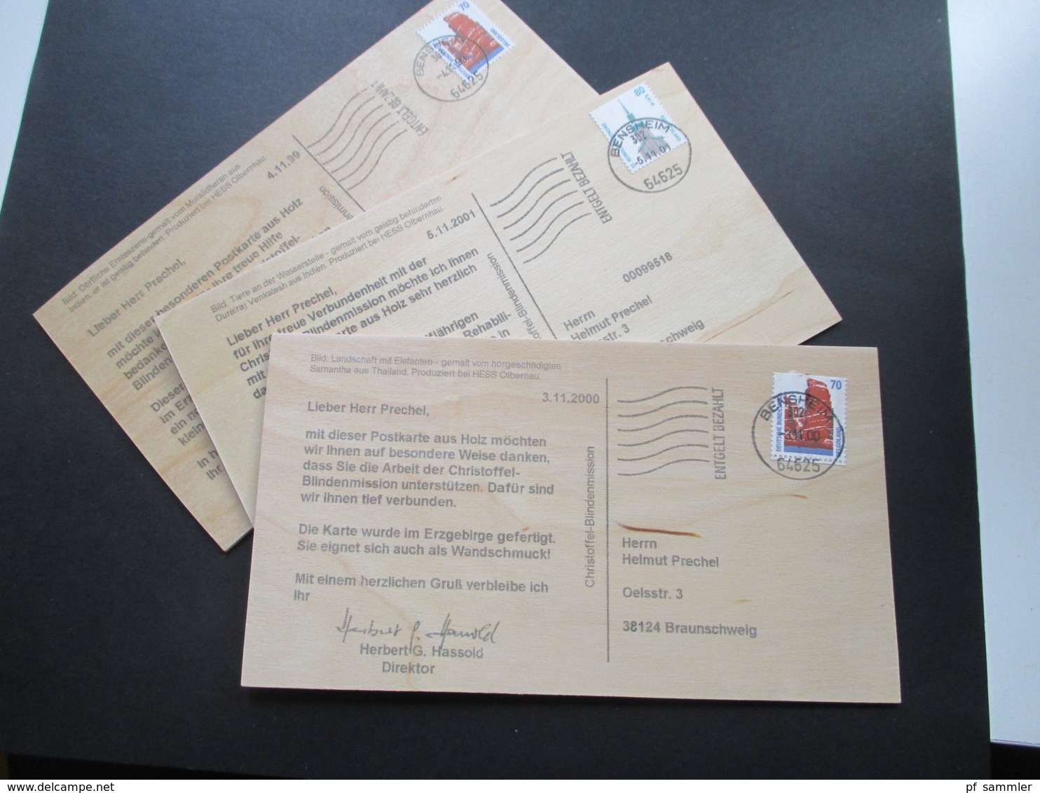 BRD 1999 - 2001 Holzpostkarten Der Christoffel Blindenmission Entgelt Bezahlt Bensheim - Briefe U. Dokumente
