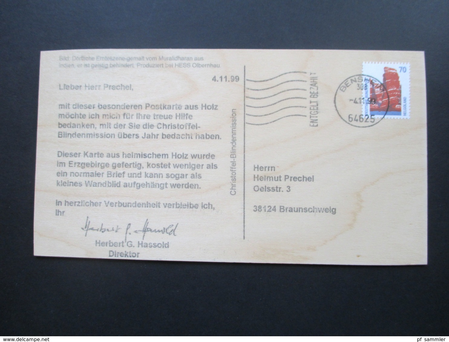 BRD 1999 - 2001 Holzpostkarten Der Christoffel Blindenmission Entgelt Bezahlt Bensheim - Storia Postale