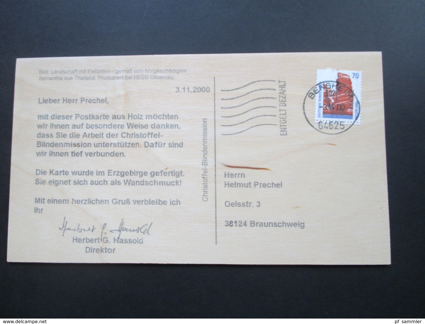 BRD 1999 - 2001 Holzpostkarten Der Christoffel Blindenmission Entgelt Bezahlt Bensheim - Storia Postale