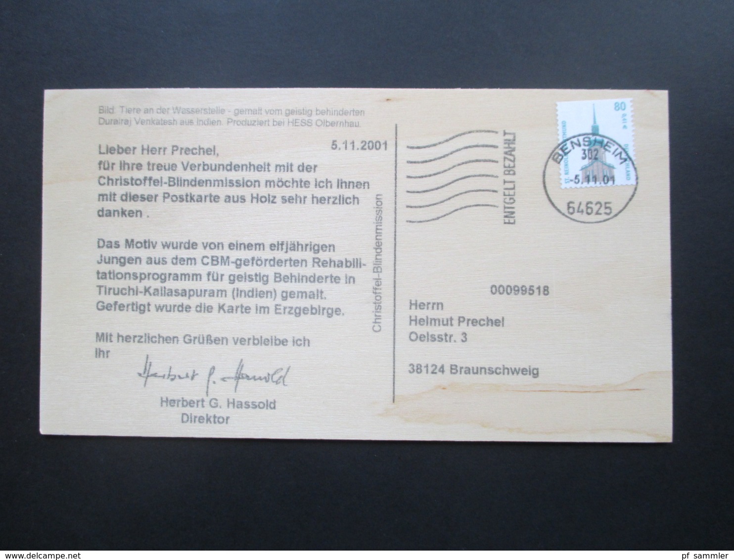 BRD 1999 - 2001 Holzpostkarten der Christoffel Blindenmission Entgelt bezahlt Bensheim