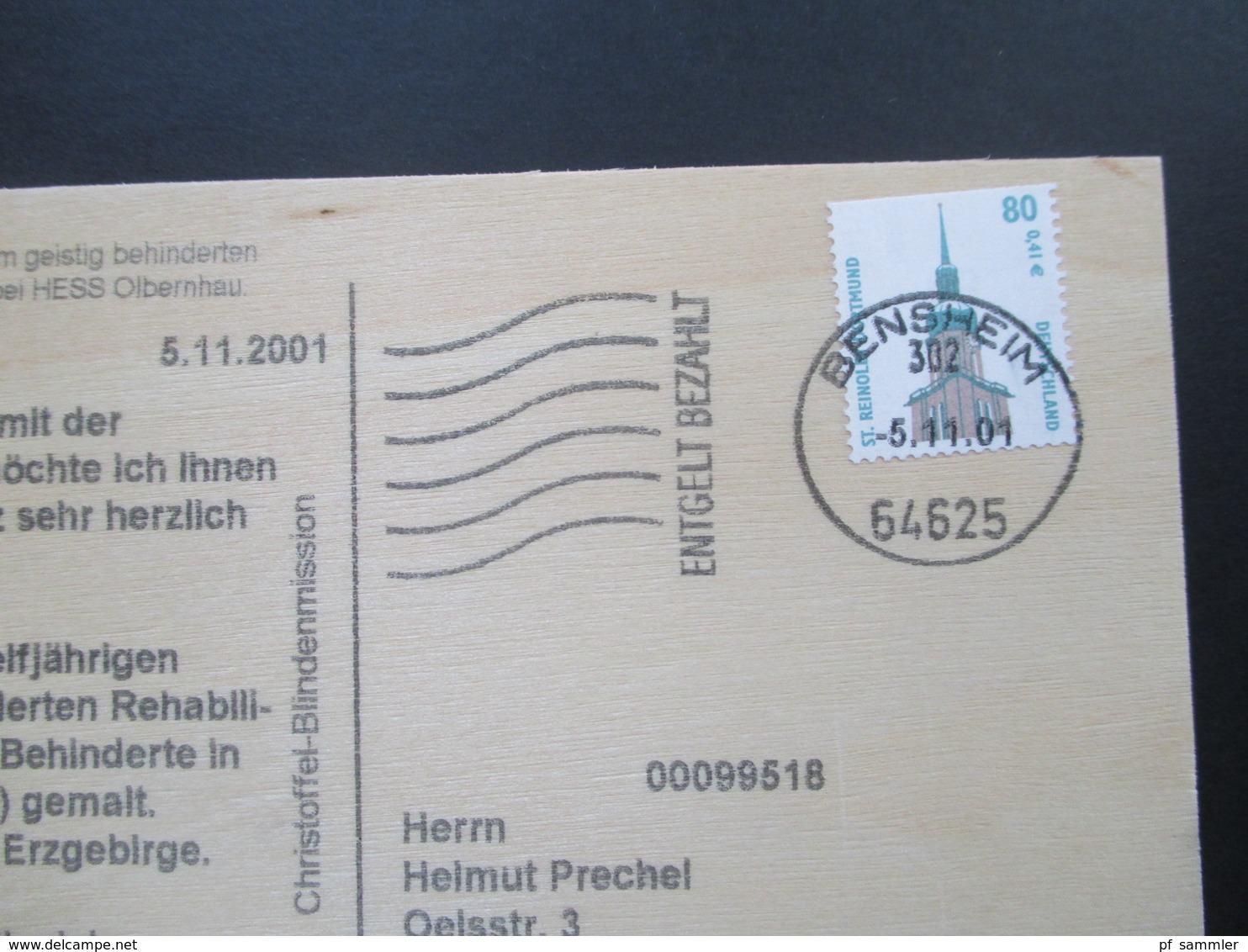 BRD 1999 - 2001 Holzpostkarten der Christoffel Blindenmission Entgelt bezahlt Bensheim