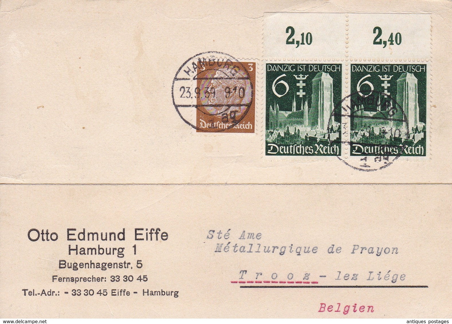 Hamburg 1939 Deutschland Otto Edmund Eiffe Dantzig Ist Deutsch Trooz Belgique Hambourg - Lettres & Documents