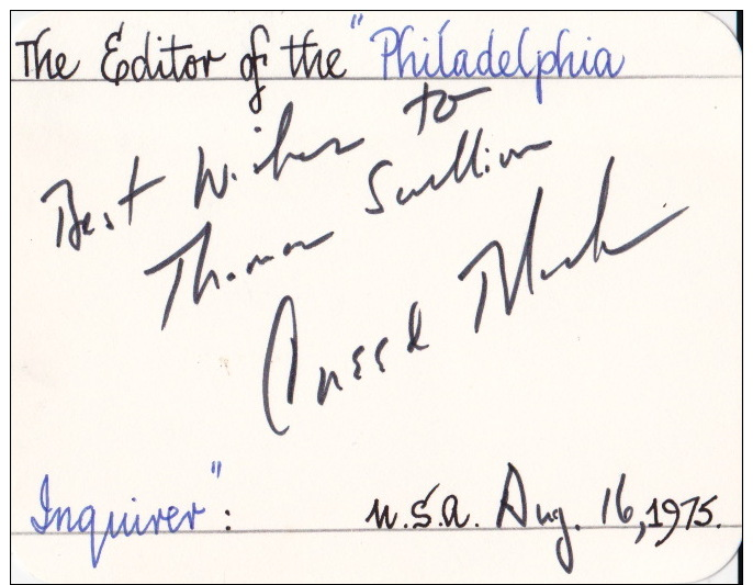 THE EDITOR OF THE PHILADELPHIA INQUIRER IN 1975  - ORIGINAL AUTOGRAPH - SIGNED ON CARD - Other & Unclassified