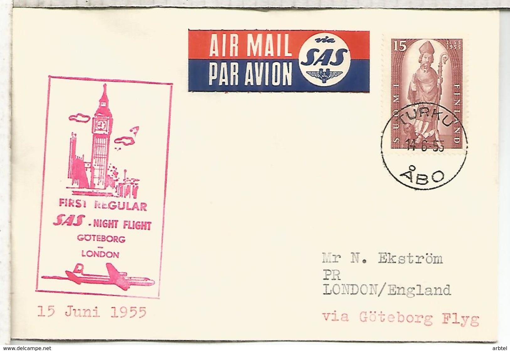 FINLANDIA TURKU 1955 PRIMER VUELO SAS GOTEBORGLONDON BIG BEN RELOJ CLOCK BELL - Lettres & Documents