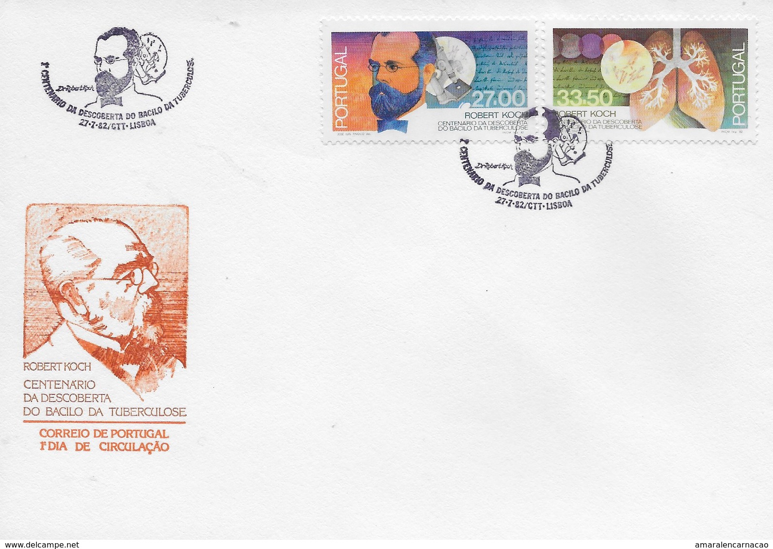 TIMBRES- STAMPS - SELLOS -FDC -MARCOPHILIE - PORTUGAL -ROBERT KOCH - CENTe. DE LA DÈCOUVERT DU BACILLE DE LA TUBERCULOSE - Oblitérés