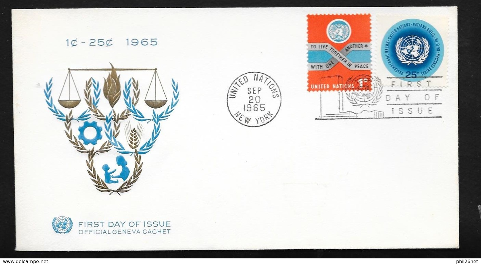 ONU FDC Lettre Illustrée 1er Jour New York Le  20/09/1965 N°141 Et 144 Emblèmes Des Nations Unies   TB - FDC