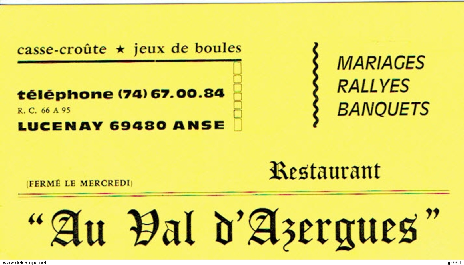 Carte De Visite Restaurant Au Val D'Azergues, Lucenay, Anse (vers 1970) - Visitenkarten
