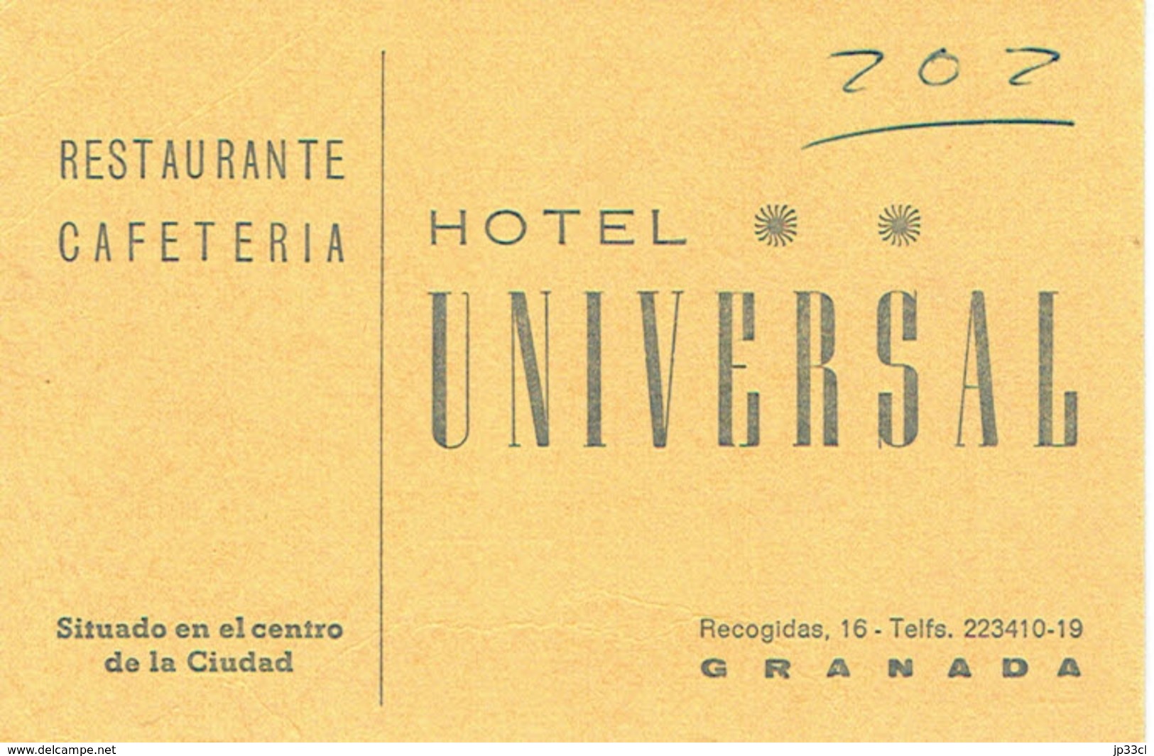 Carte De Visite Restaurante Cafeteria Hotel Universal, Recogidas, Granada (Grenade) (vers 1970) - Visitekaartjes