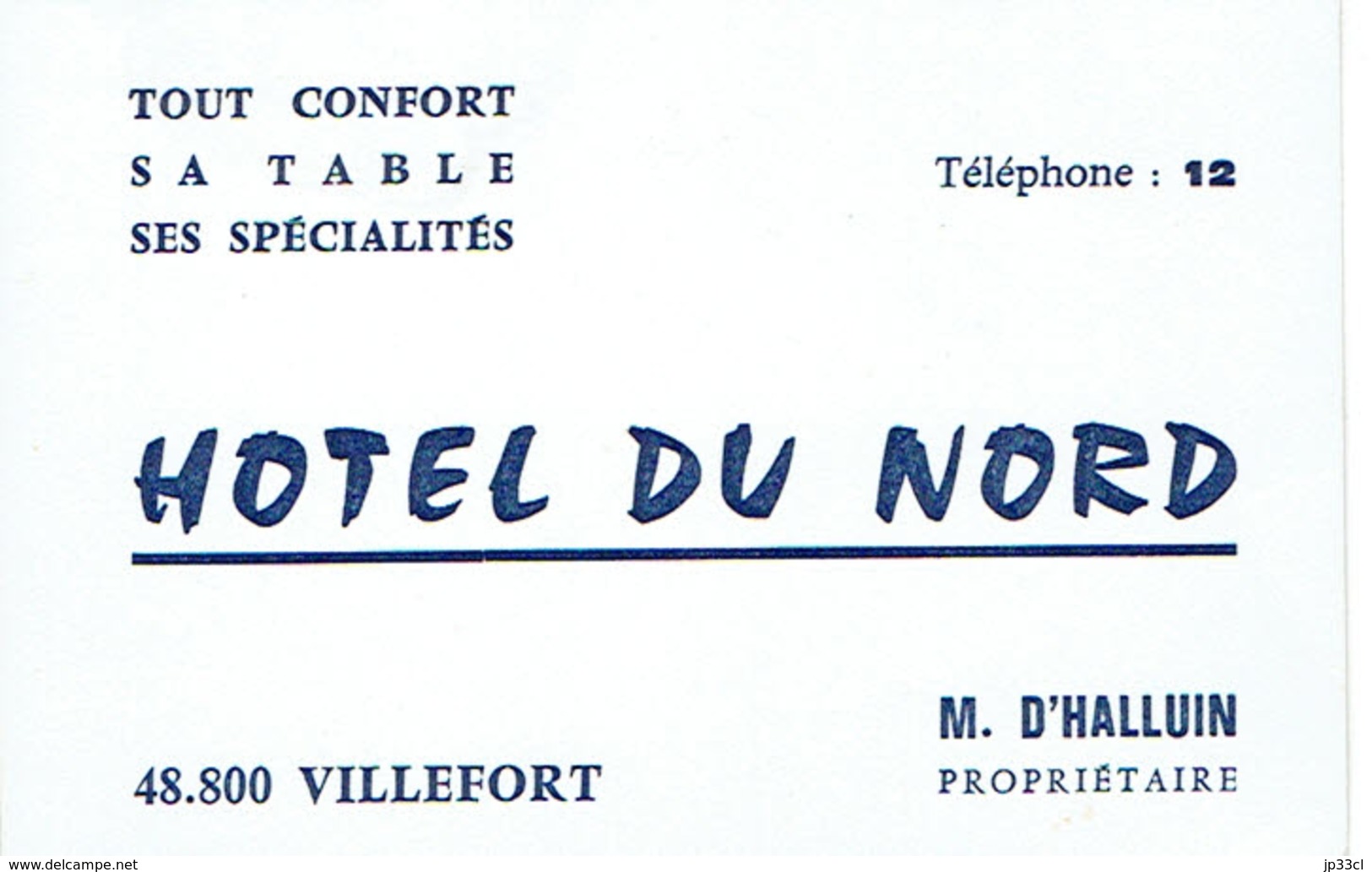 Carte De Visite Hôtel Du Nord, M. D'Halluin Propriétaire, Villefort (vers 1970) - Visitekaartjes