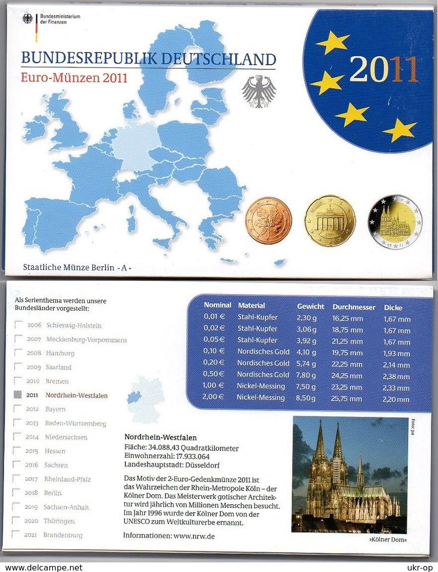 Germany - 1 2 5 10 20 50 Cent 1 2 2 Euro 2011 A UNC Set 9 Coins In A Case Ukr-OP - Germany