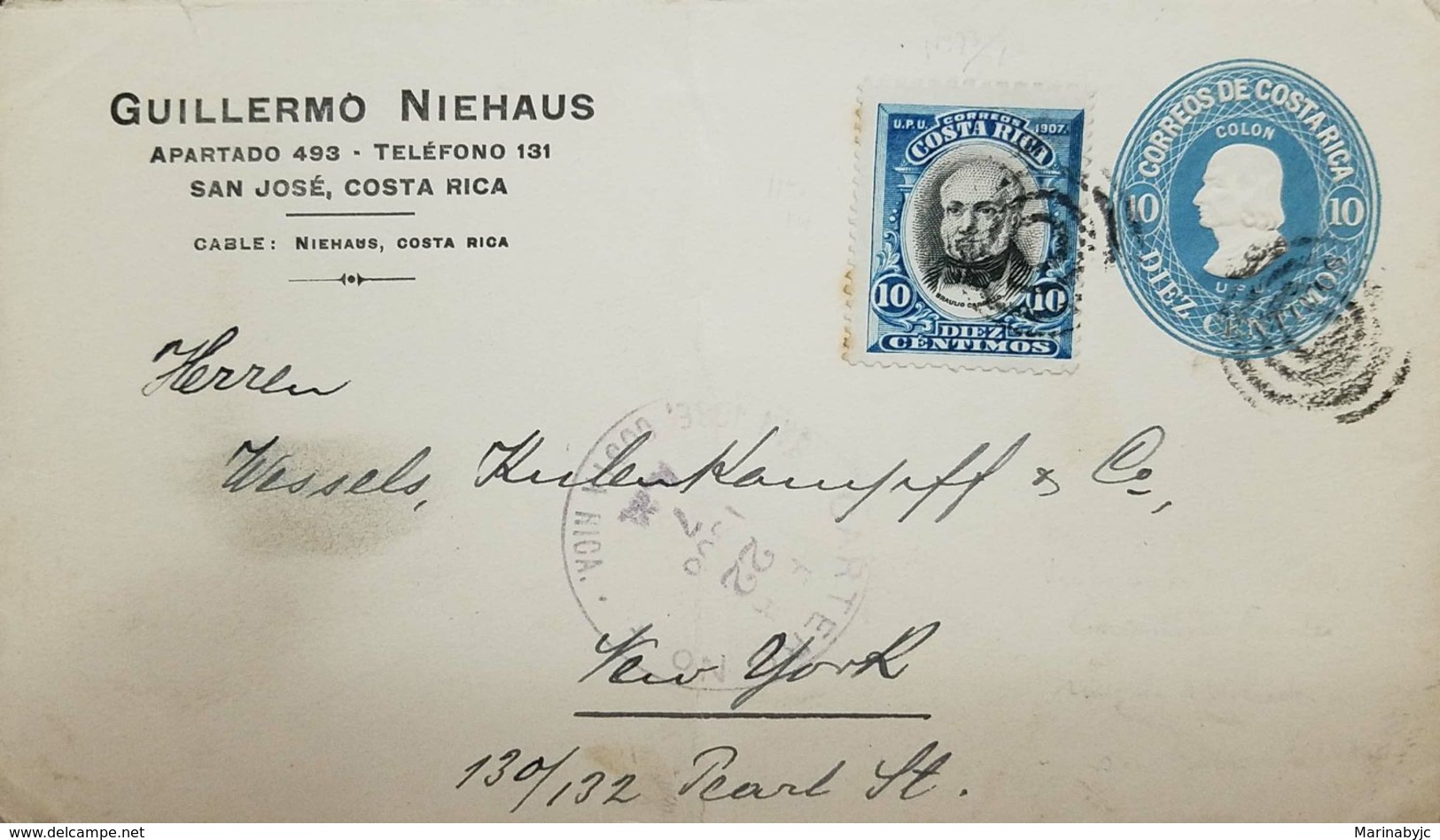 A) 1908 USA, NEW YORK CITY, SAN JOSE, 10C BLUE PRIVATE PRINT G, NIEHAUS STAT ENV, ADT SCARCE. - Lettres & Documents