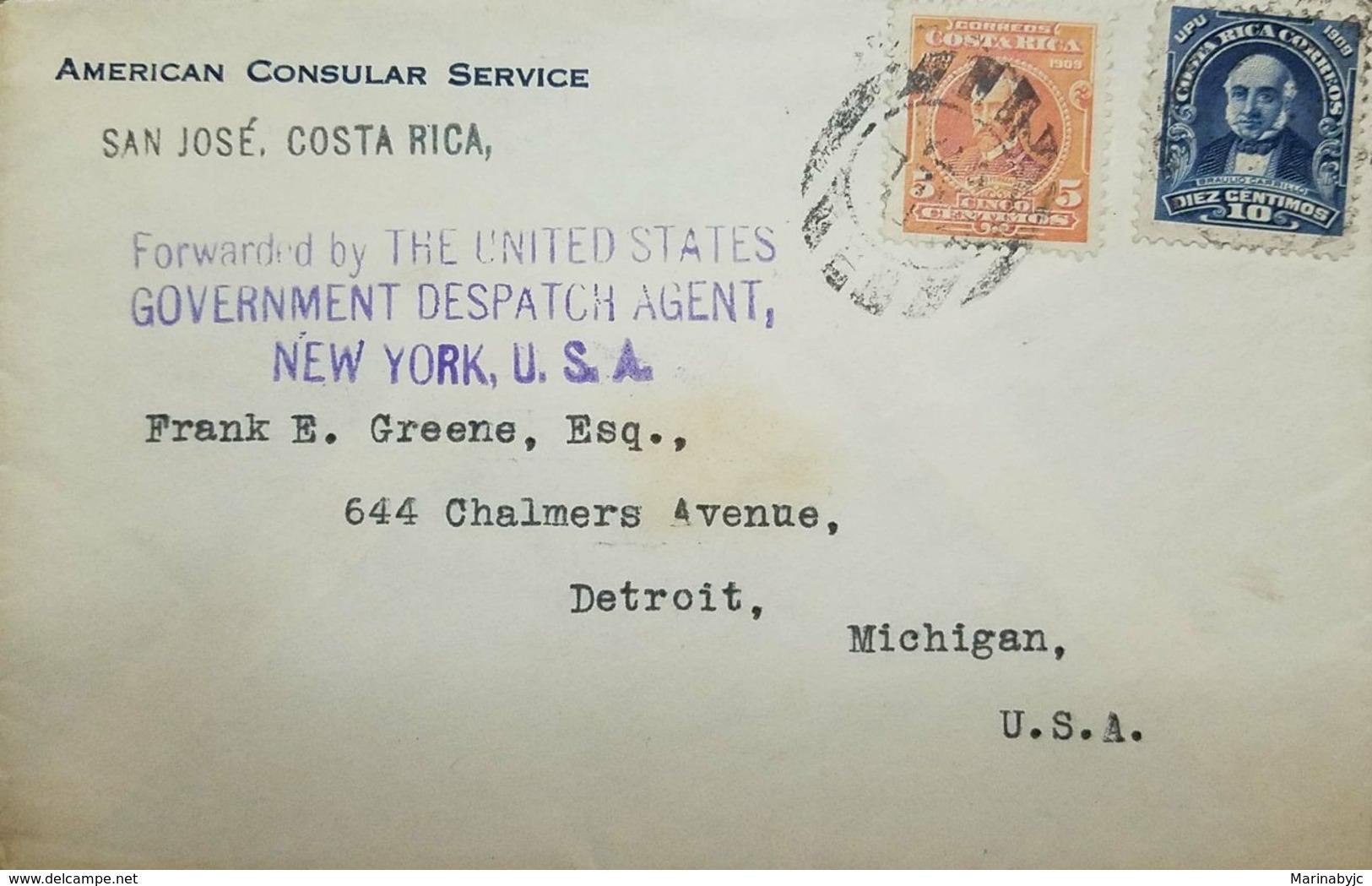 A) 1910 US CONSULATE, SAN JOSE - USA, FKD ENV + SPECIAL CACHETS - Lettres & Documents