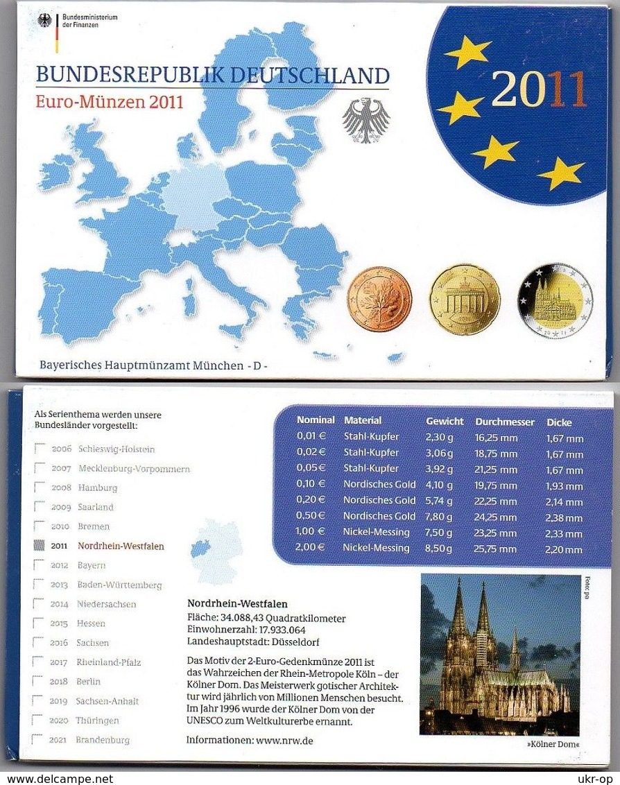 Germany - 1 2 5 10 20 50 Cent 1 2 2 Euro 2011 D UNC Set 9 Coins In A Case Ukr-OP - Deutschland