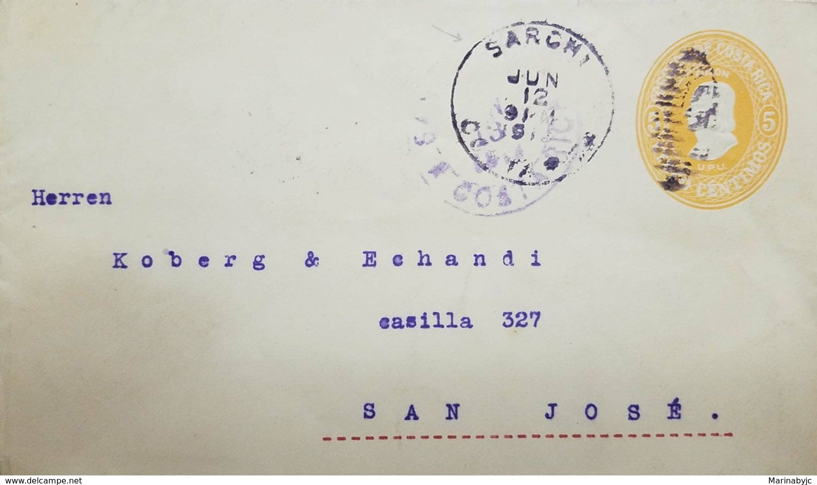 A) 1914 (12 JUN) SARCHI - SAN JOSE (13 JUNE), 5C ORANGE STAT ENV, FINE SMALL VILLAGE, USAGE FROM ALAJUELA. - Costa Rica