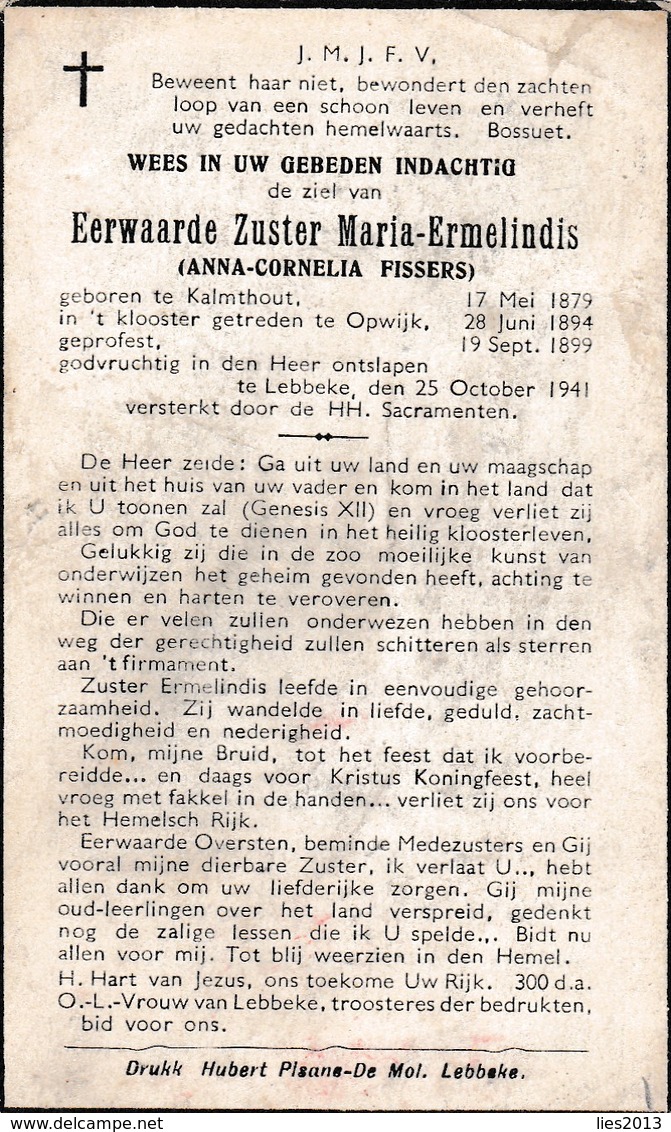 Zuster,soeur, Anna Fissers, Kalmthout,Opwijk, Lebbeke,1941 - Religion &  Esoterik