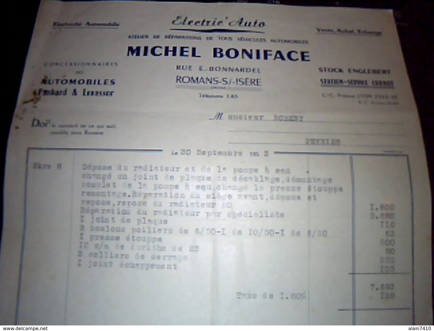 Facture  Garage Automobile Electric Auto  Michel  Boniface   A Romans  Sur Isere Annee 1953 - Cars