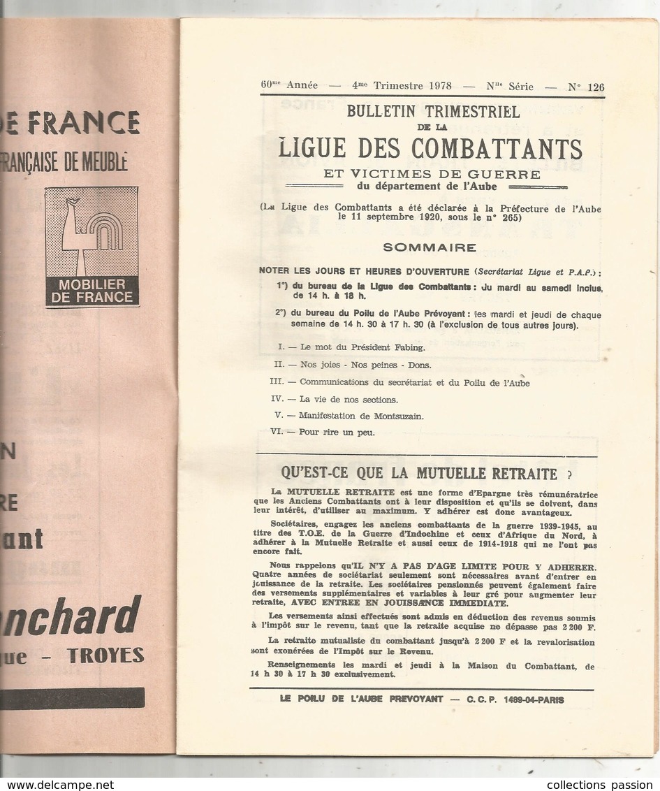 Bulletin Trimestriel De La LIGUE Des COMBATTANTS Et Victimes De Guerre De L'AUBE , 1978 , Frais Fr 1.95 E - Ohne Zuordnung