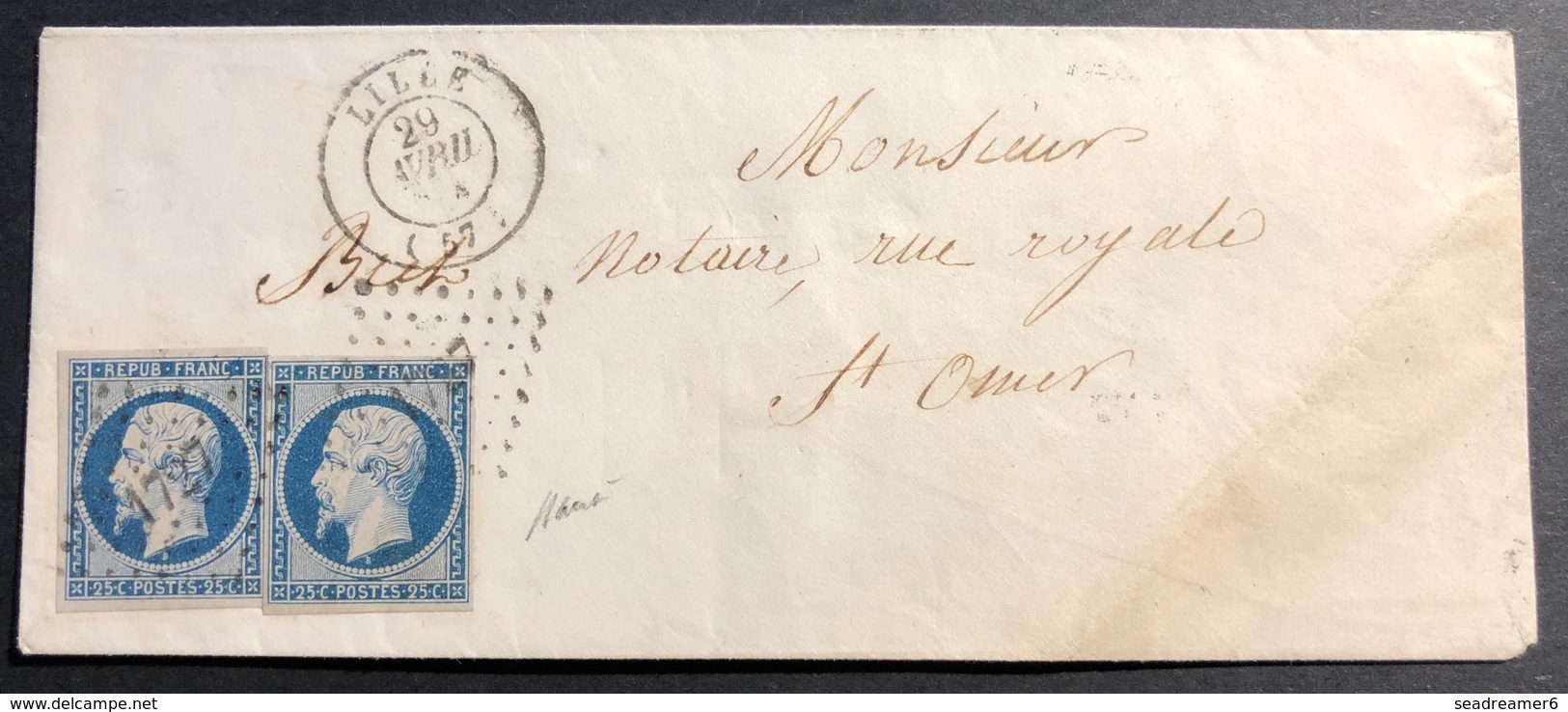 1852 Louis Napoléon N°10c 25c X 2 Enveloppe De Lille PC1727 Pour St Omer - 1852 Luis-Napoléon