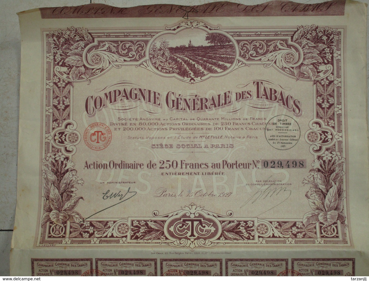 Obligation Action Titre Emprunt De 250 Francs Au Porteur Compagnie Générale Des Tabacs 1927 - Other & Unclassified