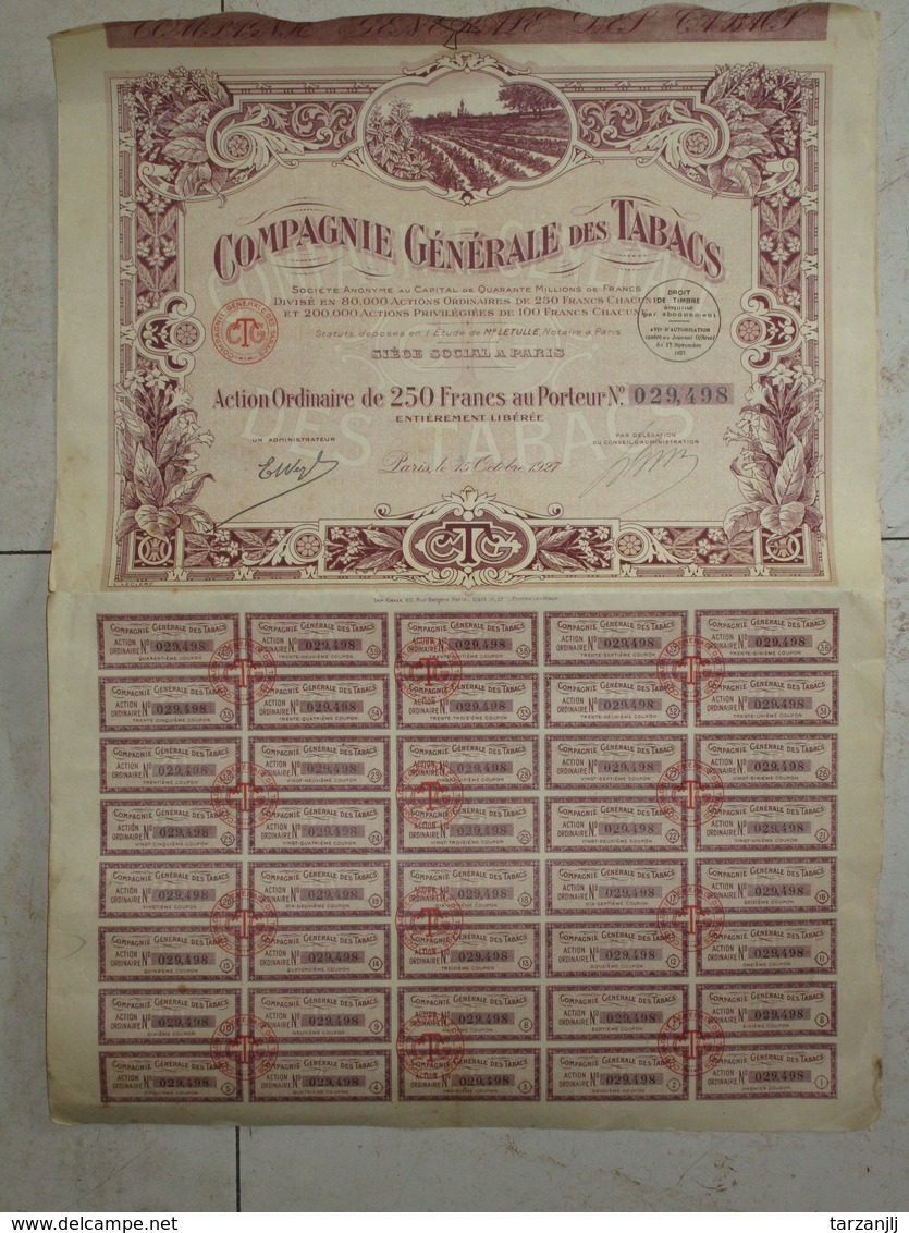 Obligation Action Titre Emprunt De 250 Francs Au Porteur Compagnie Générale Des Tabacs 1927 - Other & Unclassified