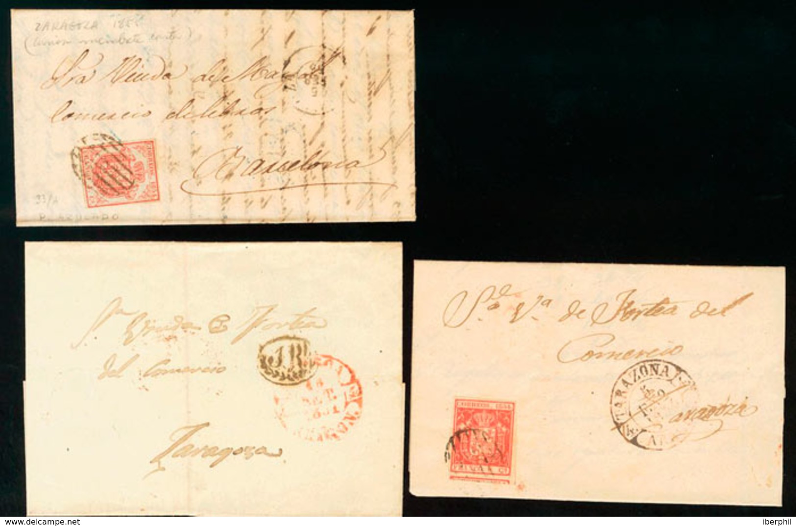 147 (1843ca). Conjunto De Cuatro Cartas, Un Frontal Con La Marca S.FRANCO, De Sariñena (P.E.3) Edición 2004 Y Un Fragmen - ...-1850 Prefilatelia