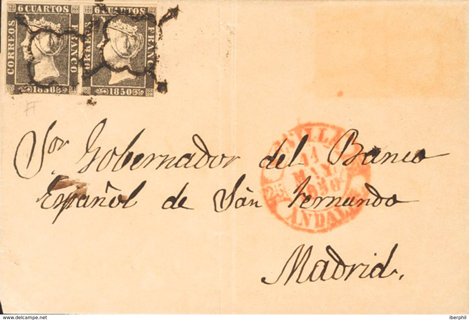 168 1850. Sobre 1A(2). 6 Cuartos Negro, Pareja. SEVILLA A BARCELONA. MAGNIFICA E INUSUAL DOBLE PORTE. - Otros & Sin Clasificación