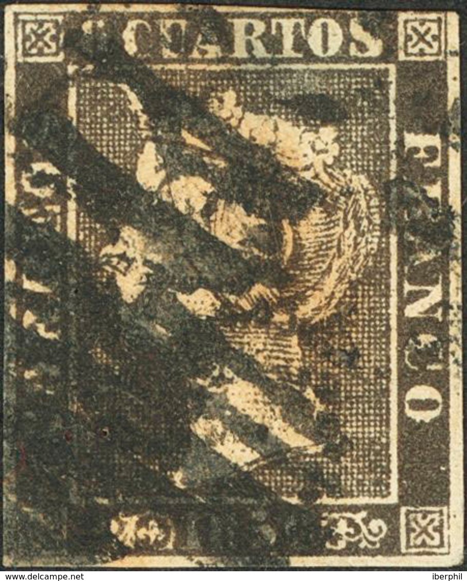 184 1850. º 1A. 6 Cuartos Negro (II-11). Matasello Prefilatélico "R" (estampado Varias Veces, Se Adjunta Estudio De Grau - Otros & Sin Clasificación