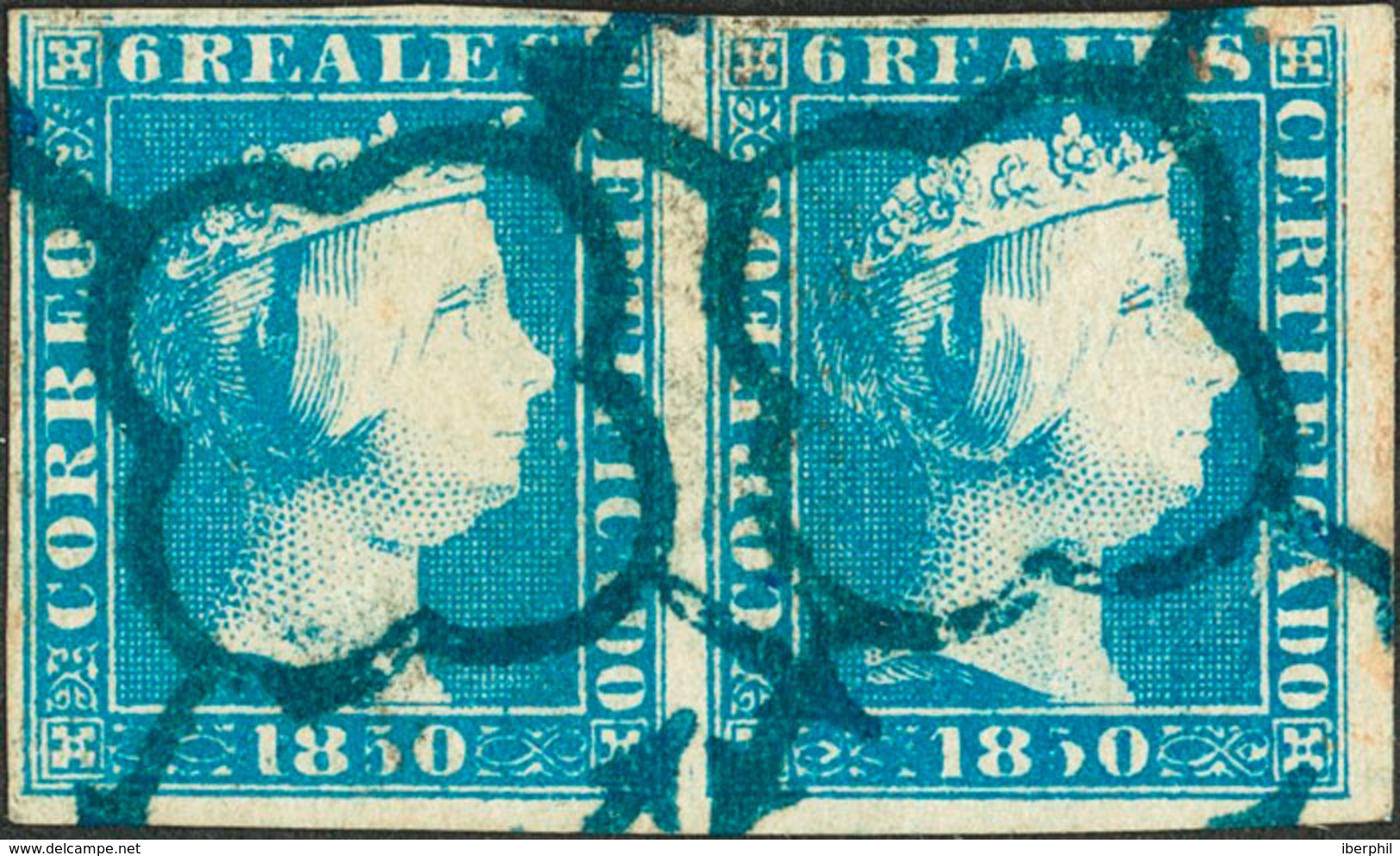 190 1850. º 4(2). 6 Reales Azul, Pareja. Matasello ARAÑA, En Azul. MAGNIFICA Y RARISIMA ESPECIALMENTE EN ESTE COLOR, ESP - Otros & Sin Clasificación