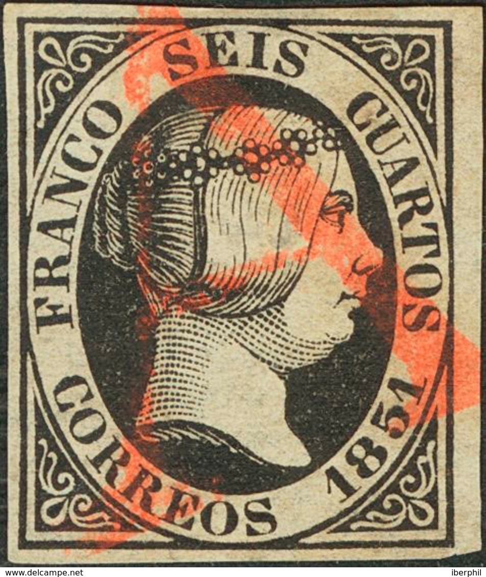 196 1851. º 6. 6 Cuartos Negro. Matasello Prefilatélico "A", En Rojo De Badajoz. MAGNIFICO Y RARISIMO. Cert. COMEX. - Otros & Sin Clasificación