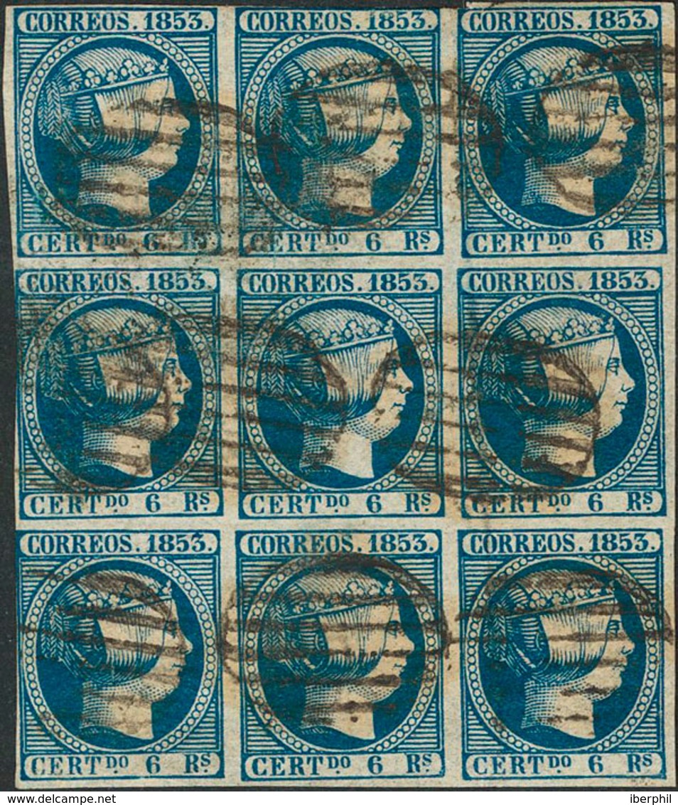 217 1853. º 21(9). 6 Reales Azul, Bloque De Nueve (margen Justo En Dos Sellos, Sin Importancia Y Sólo Reseñado A Título  - Otros & Sin Clasificación