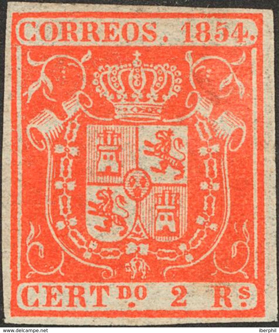 224 1854. * 25. 2 Reales Rojo. Color Muy Intenso. MAGNIFICO. Cert. GRAUS. Edifil 2018: 2225? - Otros & Sin Clasificación