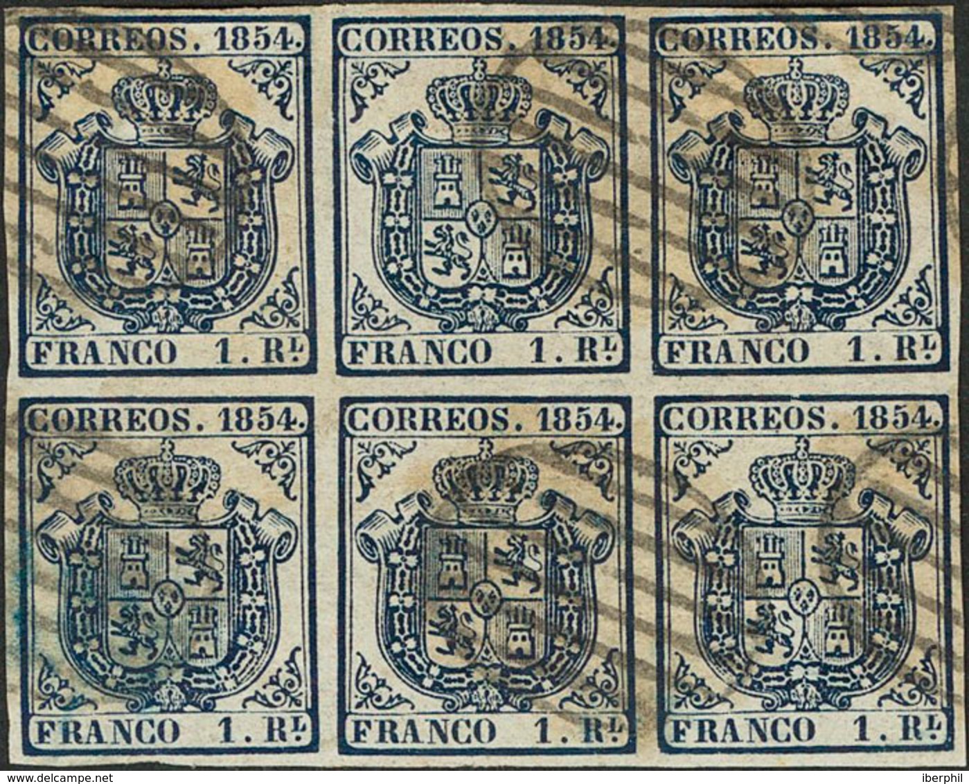 230 1854. º 34(6). 1 Real Azul Oscuro, Bloque De Seis. MAGNIFICO Y RARISIMO BLOQUE DE SEIS, DE GRAN CALIDAD CON UNOS MAR - Otros & Sin Clasificación