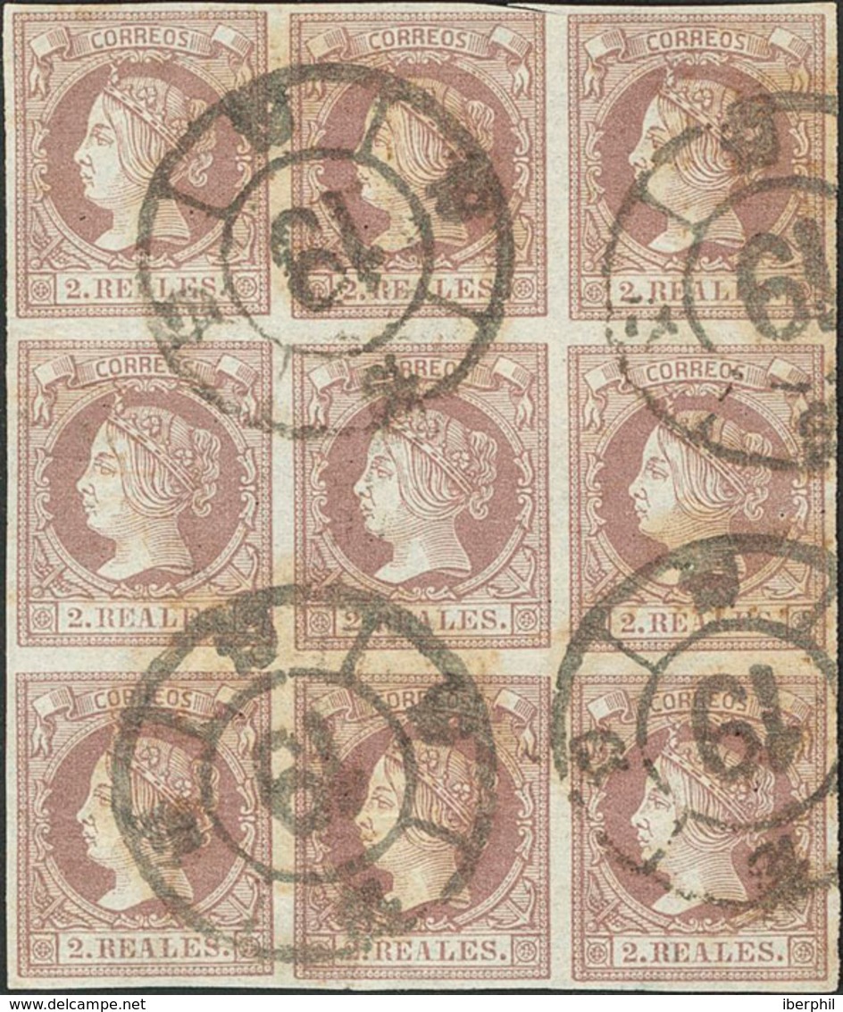 257 1860. º 56(9). 2 Reales Lila, Bloque De Nueve. Matasello R.CARRETA Nº19, De Badajoz. MAGNIFICO. Edifil 2014: 205? - Altri & Non Classificati