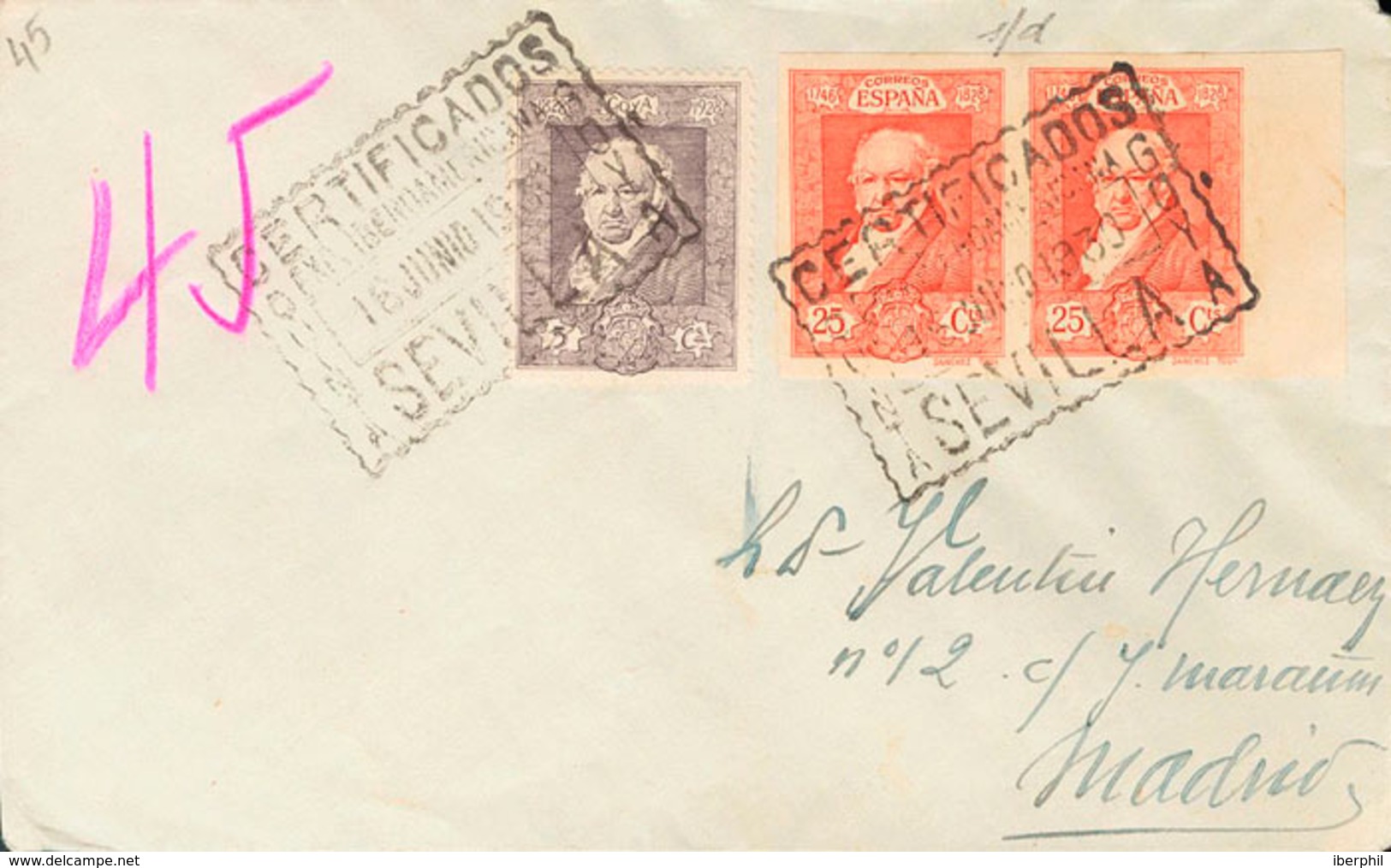 433 1930. Sobre 503, 507s(2). 5 Cts Violeta Y 25 Cts Bermellón SIN DENTAR, Pareja. Certificado De SEVILLA A MADRID. Al D - Otros & Sin Clasificación