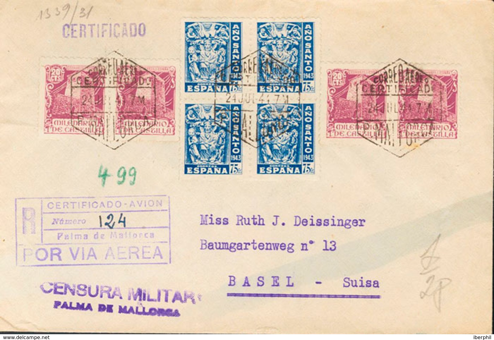 673 1947. Sobre 966(4), 977(4). 75 Cts Azul, Bloque De Cuatro Y 20 Cts Lila, Cuatro Sellos. Certificado De PALMA DE MALL - Other & Unclassified